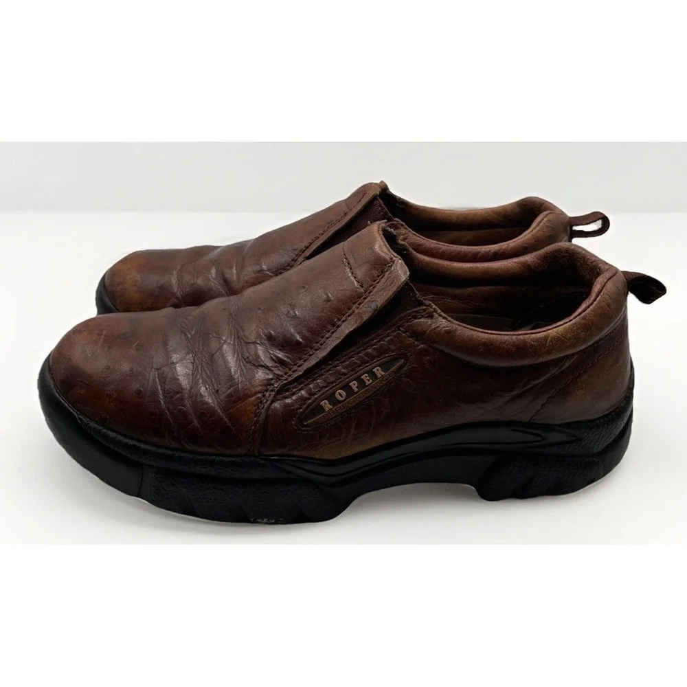 Roper‎ Performance Shoes Leather Brown Ostrich Embossed Slip on Loafers ~ Sz 8